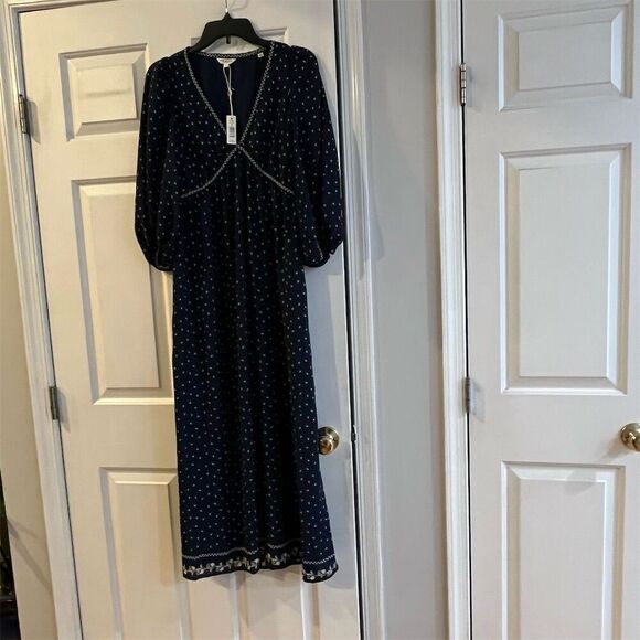 Max Studio Women's Midi Dress S Blue White Pattern V-Neck Long Sleeve - Picture 2 of 10